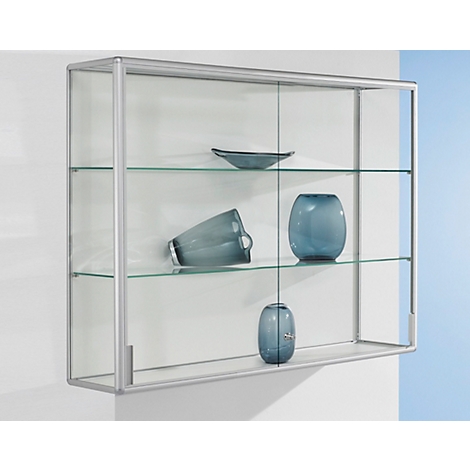Glass cabinet with silver frame, filled with blue vases and bowls.