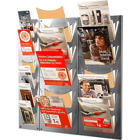 A metal brochure stand filled with colorful promotional flyers for cell phones and mobile phone plans.