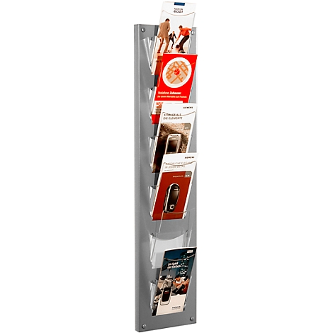 Gray brochure holder with various colorful brochures.