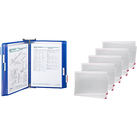 Blue folder with documents, next to transparent sleeves with a red corner.
