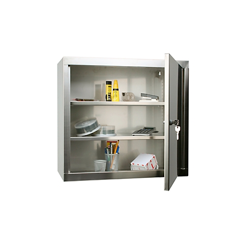 Metal cabinet with open door, filled with office supplies.