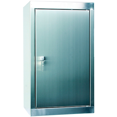 Stainless steel cabinet with door and key.