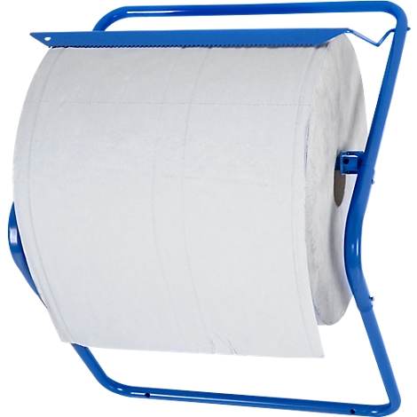 Blue paper towel dispenser with a large roll of paper towels.