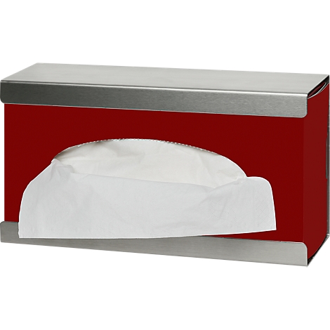 Red tissue dispenser with silver metal edges and protruding paper tissues.