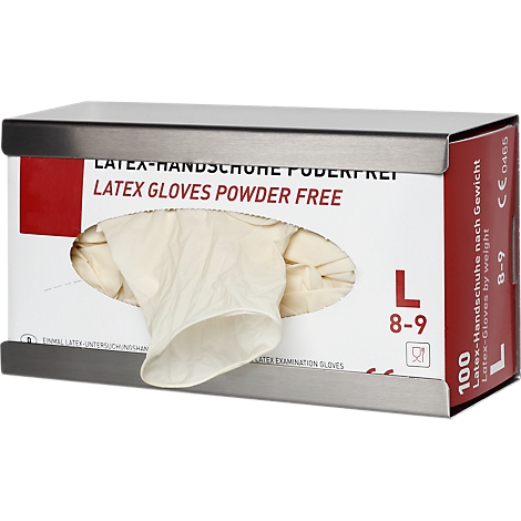 A box of powder-free latex gloves in a metal holder. Text reads: "Latex Gloves Powder Free". A glove is protruding.
