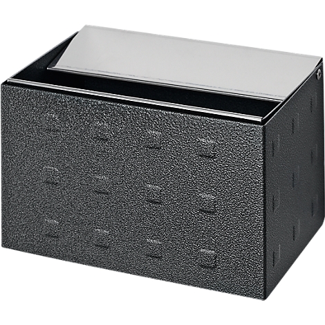 Black pen holder with textured housing and metal cover.