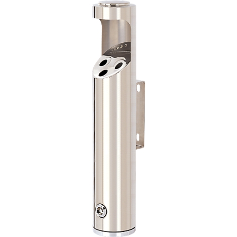 Stainless steel ashtray. Cylindrical design with three openings, wall mount.