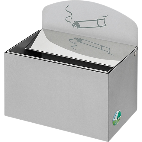Silver ashtray with painted cigarette symbol and logo.