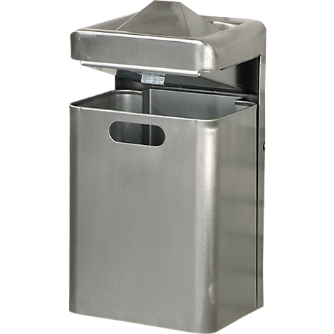 Stainless steel trash can with lid, wall-mounted.