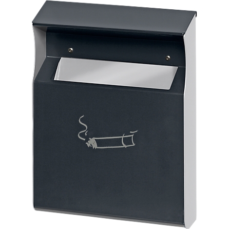 Dark gray wall ashtray with cigarette symbol. A flap at the top, white border on the right.