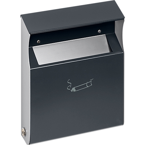 Dark grey wall-mounted ashtray with cigarette symbol. Metal. Opening at top with slightly rounded lid.