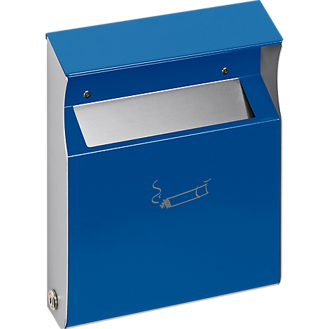 Blue and silver wall ashtray with cigarette symbol.