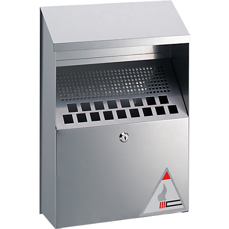 Stainless steel ashtray with holes for cigarettes. A roof at the top, a lock at the bottom, and a cigarette symbol.