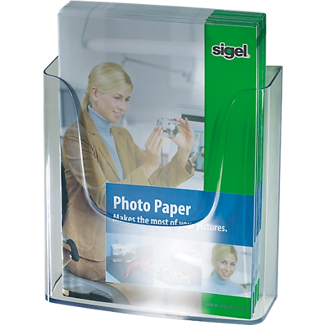 Transparent brochure holder with photo paper, showing a woman taking a photo. The holder has the Sigel logo.