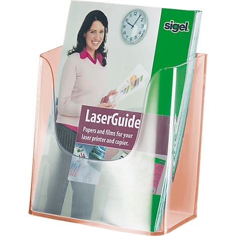 Transparent brochure holder filled with brochures, a woman with a brochure in the background, and a clock face.