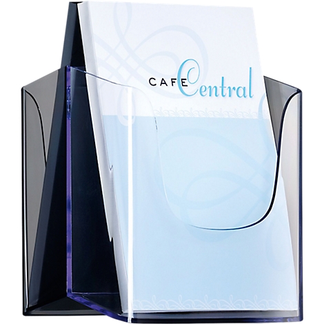 Transparent brochure holder with "Cafe Central" lettering. Blue swirls are depicted on light paper.