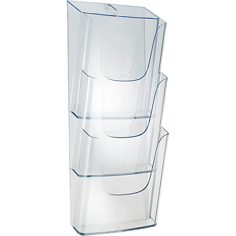 Transparent wall-mounted brochure holder with three compartments.