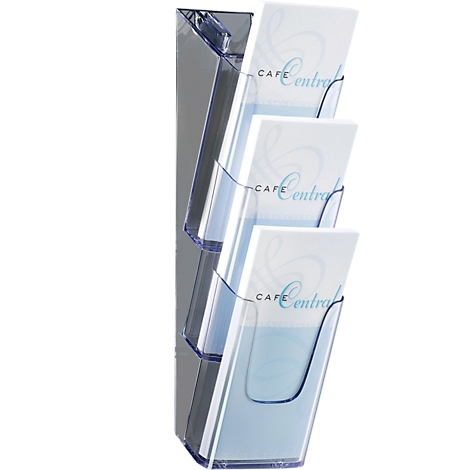 A transparent brochure holder with three compartments, filled with paper with the text "CAFE Central".
