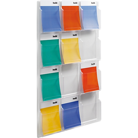 A white wall brochure holder with colored pockets. "helit" is written on each pocket.