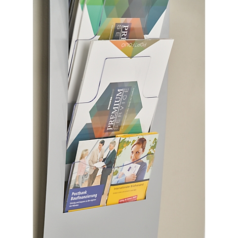 Gray brochure holder with various brochures: Premium Service, Portfolio and construction financing.