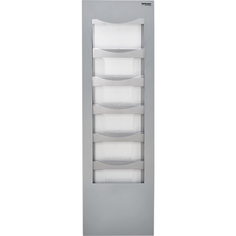 Gray wall brochure holder with six compartments. Each compartment contains a white sheet of paper.