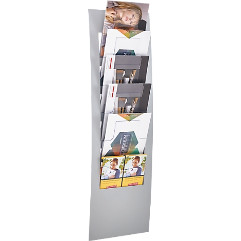 Gray, slightly curved brochure holder with multiple compartments, filled with brochures.