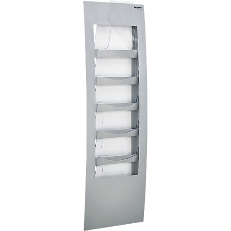 Grey flyer holder with 6 compartments. Logo on the top right. Shaped design with slightly curved lines.
