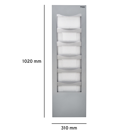 Grey brochure holder with seven compartments, dimensions 1020 x 310 mm.