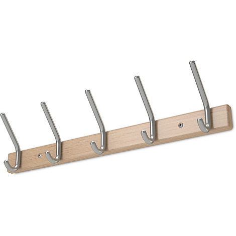 Wooden coat rack with five metal hooks.
