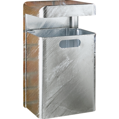 Metal trash can with flap, handle hole. Wall mounting, silver color.