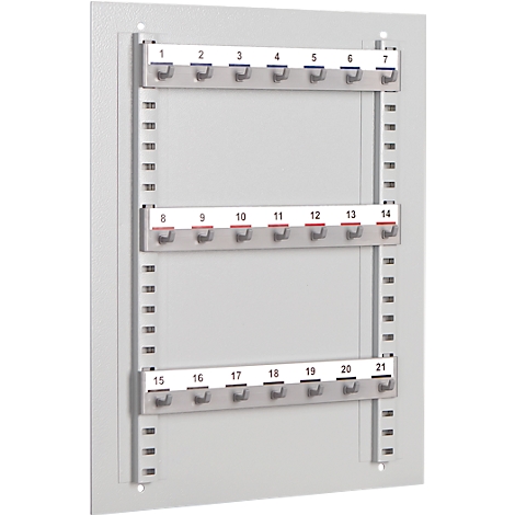 A gray key board with numbered hooks. Three rows of seven hooks each are visible.