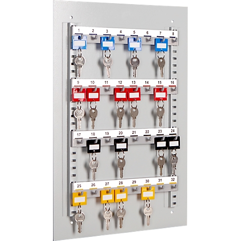 Gray key cabinet with numbered keys in various colors.