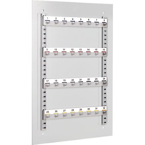 A white key storage with 32 numbered hooks.