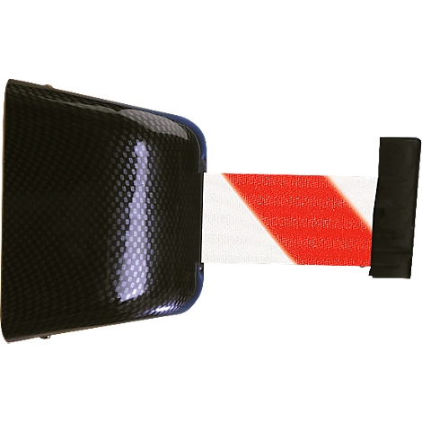 Black, textured housing with a red and white striped barrier tape extending from a black holder.