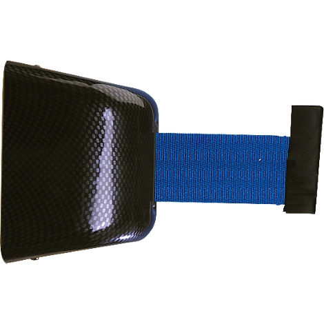 Detail of a black carbon fiber housing with a blue strap and a black end.