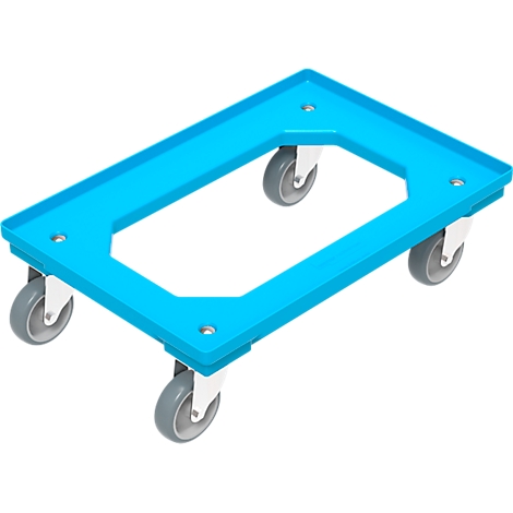 A light blue dolly with a rectangular frame and four grey wheels against a white background.