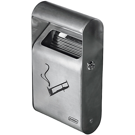 Metall-Aschenbecher mit Zigarettensymbol und Logo.
