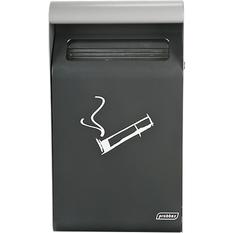 Schwarzer Wandaschenbecher mit weißem Zigarettensymbol. Oben und unten mit metallischem Rand.