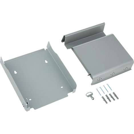 Zweiteilige graue Metallhalterung mit Montagematerial und Schlüssel vor neutralem Hintergrund.