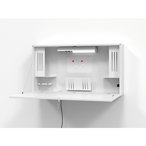 Witte wandsecretarieel bureau met neerklapbaar tafelblad. Binnenin planken, lamp en beugels.