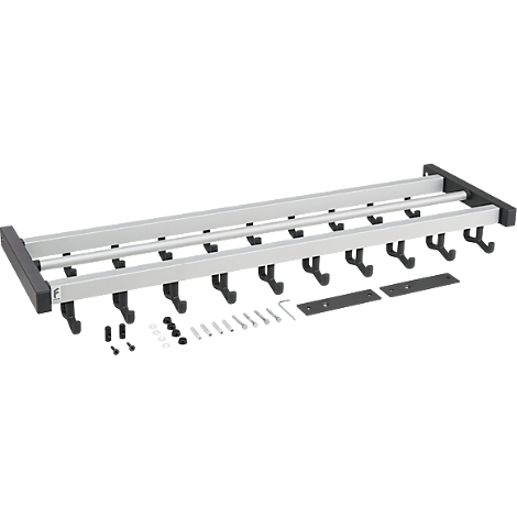 Garderobenleiste mit Haken und Zubehör, silber-schwarz. Werkzeug zum Anbringen.