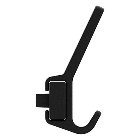 Schwarzer Wandhaken auf weissem Hintergrund. Der Haken hat eine abgewinkelte Form mit einem doppelten Haken.