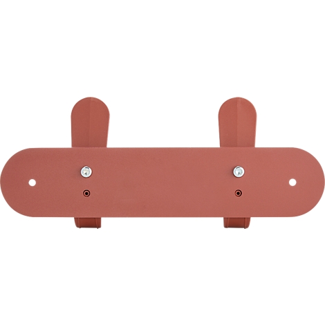 Rostfarbener Wandhaken aus Metall. Zwei längliche Haken, abgerundete Form. Sichtbare Schrauben und Löcher.