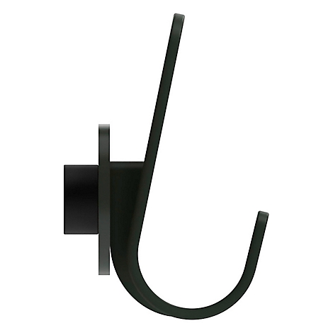 Schwarzer Haken an der Wand. Der Haken ist gebogen und hat eine zylindrische Halterung.