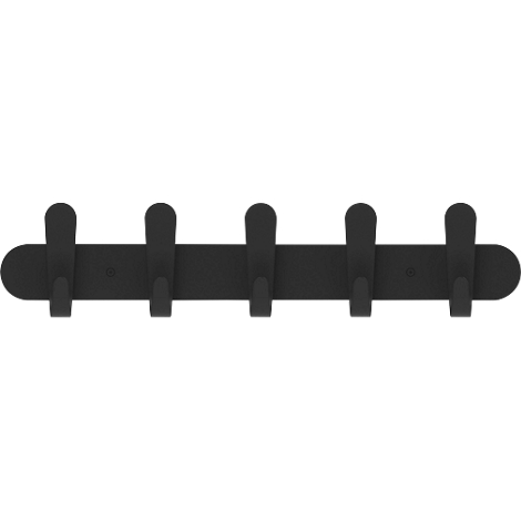 Schwarze Garderobenleiste mit fünf Haken auf weißem Hintergrund.