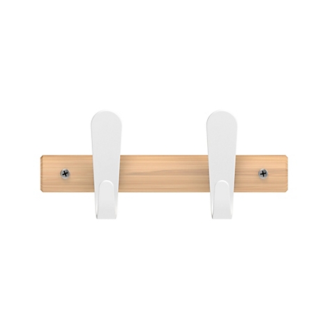 Holzgaderobe mit zwei weissen Haken vor weissem Hintergrund.