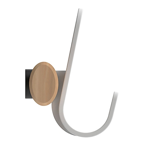Haken in Grau und Holz. Ovales Holzelement, grauer Rahmen in J-Form.