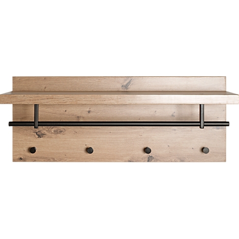 Wandgarderobe aus hellem Holz mit schwarzer Kleiderstange, Haken und Ablage.