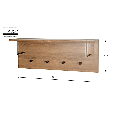 Holzgarderobe mit Regal. Vier Haken, Abmessungen: 80 x 30 cm.