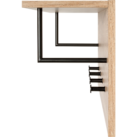 Hölzerne Regalhalterung mit schwarzer Halterung und Dübeln. Der Halter hat einen rechten Winkel, der an der Wand befestigt wird.